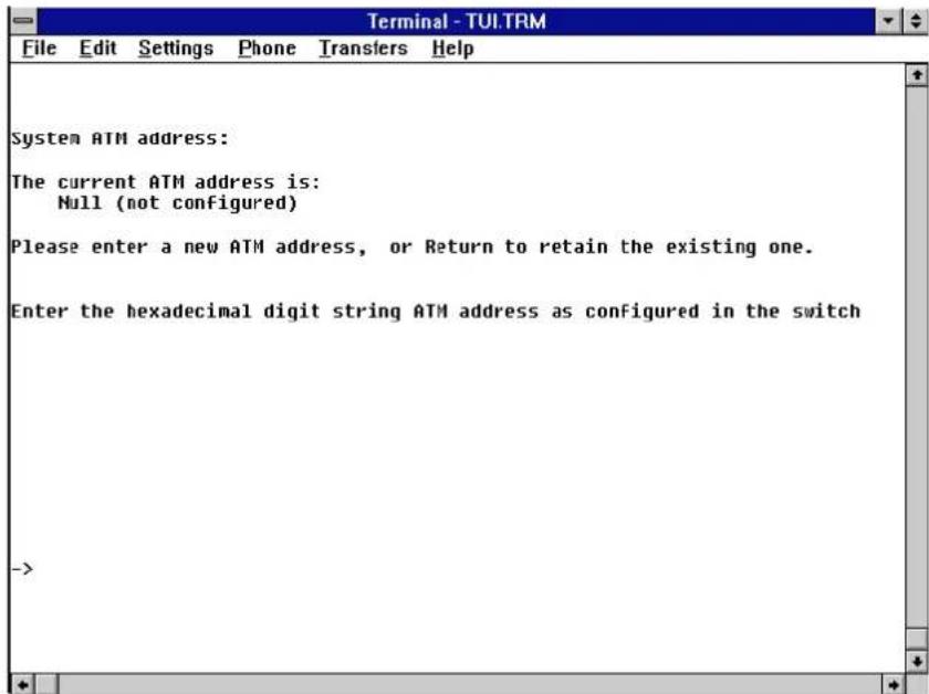 Terminal - TULTRM File Edit Settings Phone Transfers Help System ATM address: The current ATM address is: Null (not configured) Please enter a new ATM address, or Return to retain the existing one. Enter the hexadecimal digit string ATM address as configured in the switch ->