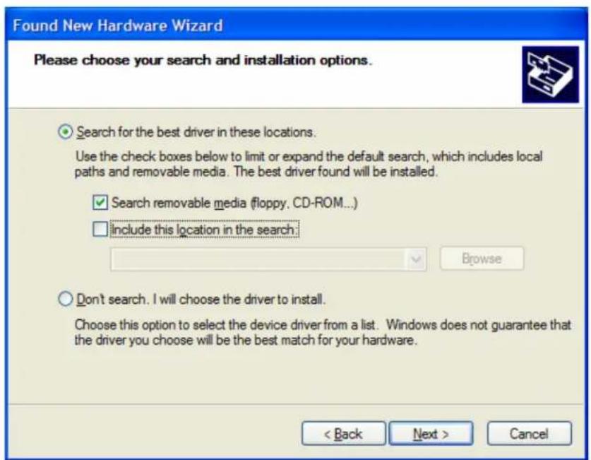 Found New Hardware Wizard Please choose your search and installation options. Search for the best driver in these locations. Use the check boxes below to limit or expand the default search, which includes local paths and removable media. The best driver found will be installed. ✓ Search removable media (floppy, CD-ROM...) Include this location in the search: Browse Don't search. I will choose the driver to install. Choose this option to select the device driver from a list. Windows does not guarantee that the driver you choose will be the best match for your hardware. < Back Next > Cancel