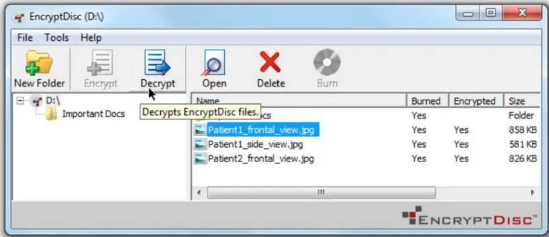 EncryptDisc (D:\ File Tools Help New Folder Encrypt Decrypt Open Delete Burn D:\ Important Docs Decrypts EncryptDisc files. Name Burned Encrypted Size Yes Folder Patent1_frontal_view.jpg Yes Yes 858 KB Patent1_side_view.jpg Yes Yes 581 KB Patent2_frontal_view.jpg Yes Yes 826 KB !!! ENCRYPTDISC™