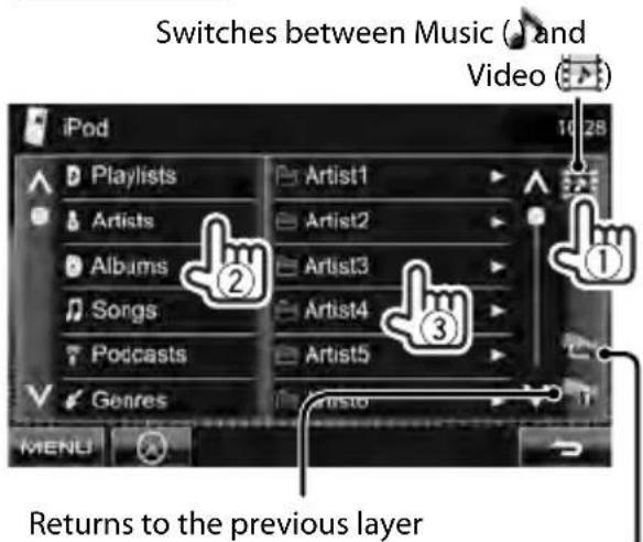 JVC DDX630WBTM - Select the menu (Music or Video) (①), a category (②), then a desired item (③). - 1
