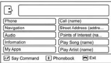 Phone Navigation Audio Information My Apps Call (name) Street Address (addre... Points of Interest (na... Play Song (name) Play Artist (name) Say Command Phonebook Exit