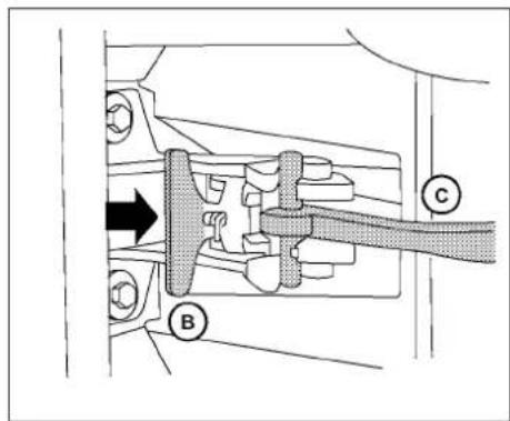 Technical diagram showing mechanical assembly with labeled parts B and C, and an arrow indicating direction of movement.
