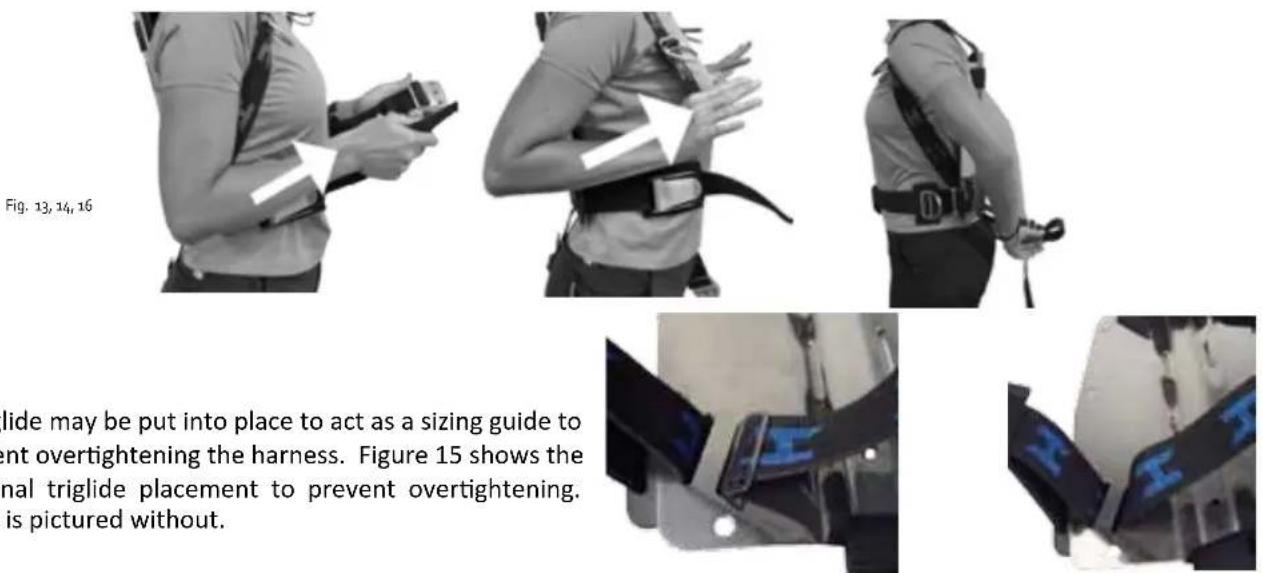 Fig. 13, 14, 16 slide may be put into place to act as a sizing guide to ent overtightening the harness. Figure 15 shows the onal triglide placement to prevent overtightening. is pictured without.