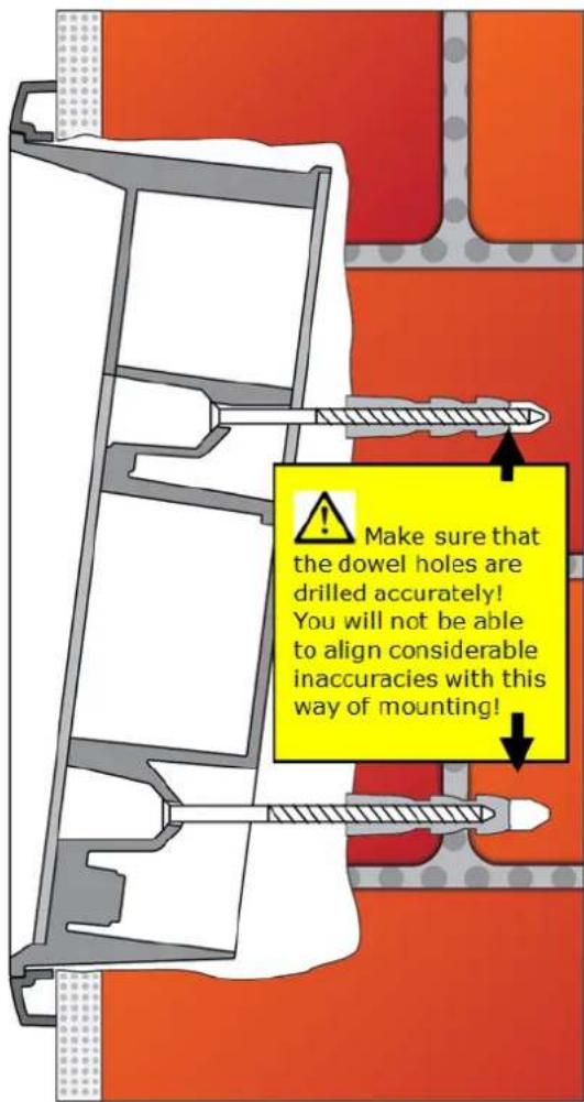 Make sure that the dowel holes are drilled accurately! You will not be able to align considerable inaccuracies with this way of mounting!
