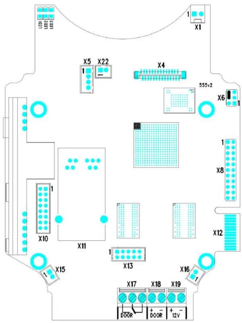 LED1 LED2 LED3 X5 X22 X4 555v2 X6 X8 X10 X11 X12 X13 X15 X16 X17 X18 X19 DOOR + - DOOR + - 12V