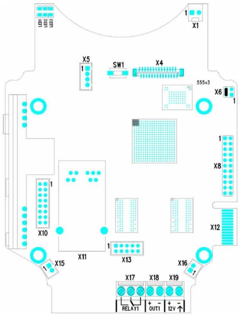 LED1 LED2 LED3 X1 X5 1 SW1 X4 555v3 X6 1 X8 1 X10 X12 X15 X11 X13 X16 X17 X18 X19 RELAY1 + - OUT1 + - 12V↑