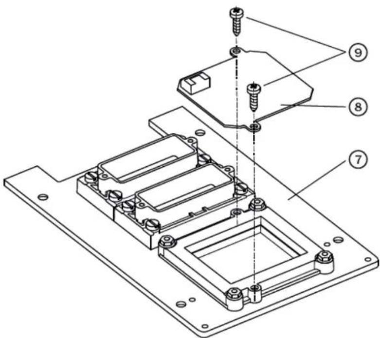 Technical diagram of a mechanical assembly with numbered parts, likely for assembly or maintenance instructions.