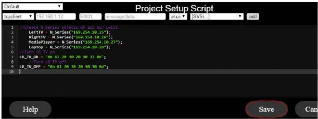 AMX NT-SD-701 - Now enter the script below to define your serial on and serial off string. - 1
