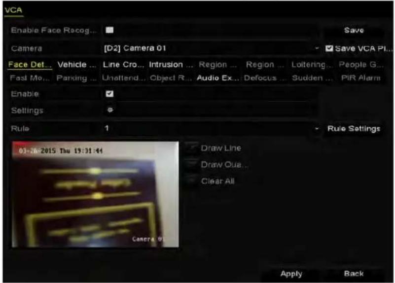 VCA Enable Face Recog... Camera [D2] Camera 01 Face Det... Vehicle ... Line Cro... Intrusion ... Region ... Region ... Loltering... People G... Fast Mo... Parking ... Unattend... Object R... Audio Ex... Defocus ... Sudden ... PIR Alarm Enable Settings Rule 1 03-26-2015 Thu 19:31:44 Draw Line Draw Outa... Clear All Apply Back