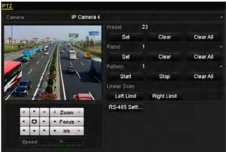 PTZ Camera IP Camera 4 Preset 23 Set Clear Clear All Patrol 1 Set Clear Clear All Pattern 1 Start Stop Clear All Linear Scan Left Limit Right Limit RS-485 Settl... + Zoom - + Focus - + Iris - Speed