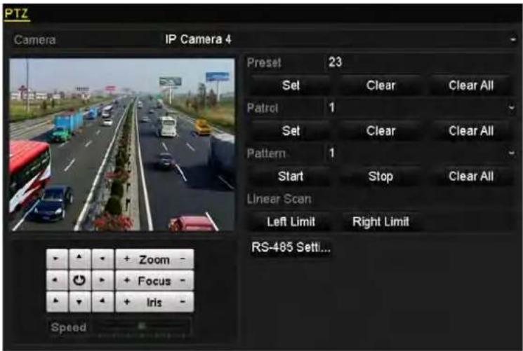 PTZ Camera IP Camera 4 Preset 23 Set Clear Clear All Patrol 1 Set Clear Clear All Pattern 1 Start Stop Clear All Linear Scan Left Limit Right Limit RS-485 Settl... + Zoom - + Focus - + Iris - Speed