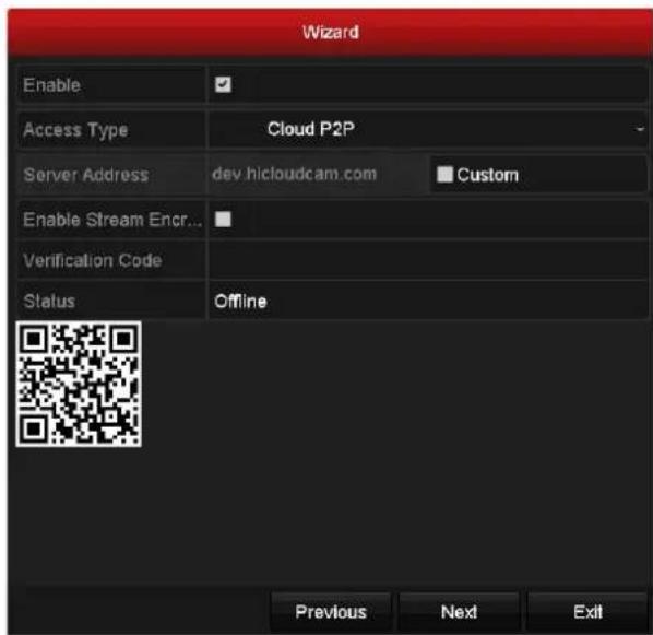 Wizard Enable Access Type Cloud P2P Server Address dev hicloudcam.com Custom Enable Stream Encr... Verification Code Status Offline Previous Next Exit