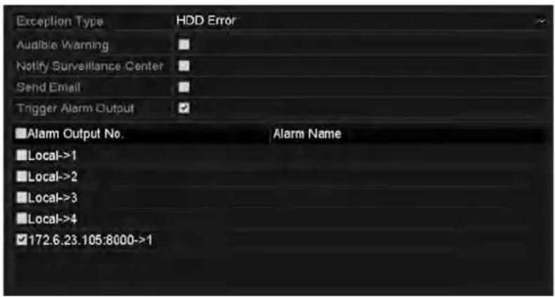 Exception Type HDD Error Audible Warning Notify Surveillance Center Send Email Trigger Alarm Output ■ Alarm Output No. Local->1 Local->2 Local->3 Local->4 ✓ 172.6.23.105:8000->1 Alarm Name