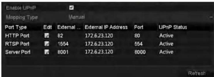 Enable UPnP Mapping Type Manual Port Type Edit External ... External IP Address Port UPnP Status HTTP Port 82 172.6.23.120 80 Active RTSP Port 1554 172.6.23.120 554 Active Server Port 8001 172.6.23.120 8000 Active Refresh