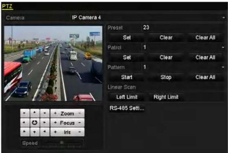 PTZ Camera IP Camera 4 Preset 23 Set Clear Clear All Patrol 1 Set Clear Clear All Pattern 1 Start Stop Clear All Linear Scan Left Limit Right Limit RS-485 Settl... + Zoom - + Focus - + Iris - Speed