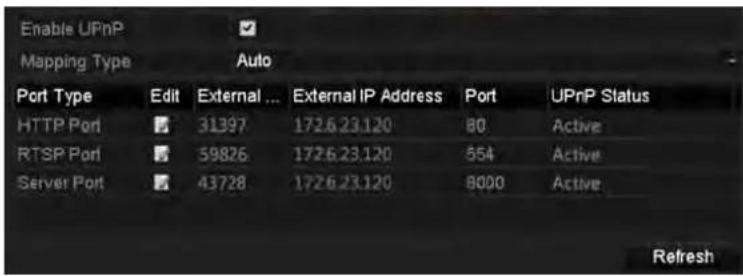 Enable UPnP Mapping Type Auto Port Type Edit External ... External IP Address Port UPnP Status HTTP Port 31397 1726.23.120 80 Active RTSP Port 59826 1726.23.120 554 Active Server Port 43728 1726.23.120 8000 Active Refresh