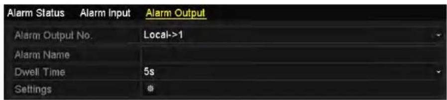Alarm Status Alarm Input Alarm Output Alarm Output No. Local->1 Alarm Name Dwell Time 5s Settings *