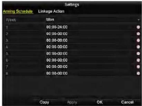 Settings Arming Schedule Linkage Action Week Mon 1 00:00-24:00 2 00:00-00:00 3 00:00-00:00 4 00:00-00:00 5 00:00-00:00 6 00:00-00:00 7 00:00-00:00 8 00:00-00:00 Copy Apply OK Cancel