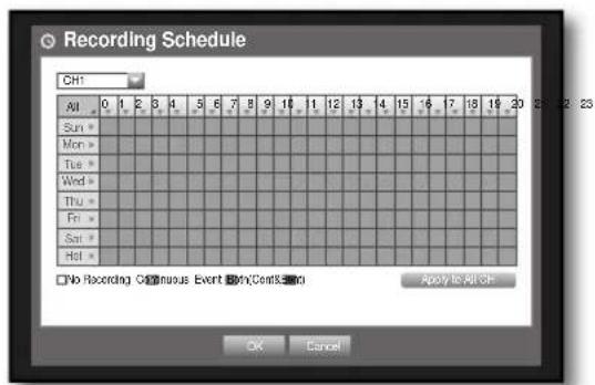 Recording Schedule CH1 All 0 1 2 3 4 5 6 7 8 9 10 11 12 13 14 15 16 17 18 19 20 Sun * Mon * Tue * Wed * Thu * Fri * Sat * Hd * No Recording Continuous Event Buy/Confirm Apply to All Off OK Cancel