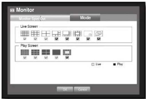 Monitor Monitor Spot Out Mode Live Screen Play Screen Live Play OK Cancel