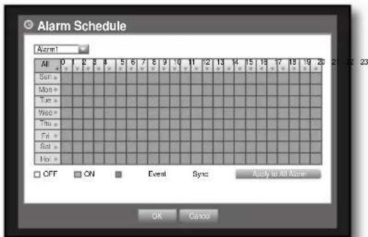 Alarm Schedule Norm1 All 0 1 2 3 4 5 6 7 8 9 10 11 12 13 14 15 16 17 18 19 20 Sun = Mon = Tue = Wed = Thu = Fri = Sat = Ho = OFF ON Event Sync Apply to All Norm OK Cancel