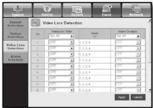 Sensor Detection Video Loss Detection Noise Detection 1. OFF 1,2,3,4 OFF 2. OFF 1,2,3,4 OFF 3. OFF 1,2,3,4 OFF 4. OFF 1,2,3,4 OFF 5. OFF 1,2,3,4 OFF 6. OFF 1,2,3,4 OFF 7. OFF 1,2,3,4 OFF 8. OFF 1,2,3,4 OFF Apply Cancel