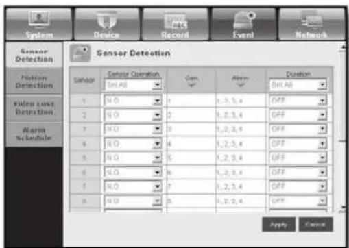Sensor Detection Sensor Detection Sensor Operation Con Alarm Duration Set All Set All 1 2 3 4 5 6 7 8 Apply Cancel