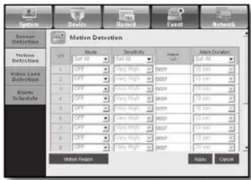 System Device Record Event Network Sensor Detection Motion Detection Off Mode Sensitivity Alarm Alarm Duration Set All Set All Set All 1 OFF Very High BEEP 10 sec 2 OFF Very High BEEP 10 sec 3 OFF Very High BEEP 10 sec 4 OFF Very High BEEP 10 sec 5 OFF Very High BEEP 10 sec 6 OFF Very High BEEP 10 sec 7 OFF Very High BEEP 10 sec 8 OFF Very High BEEP 10 sec 9 OFF Very High BEEP 10 sec Motion Region Apply Cancel