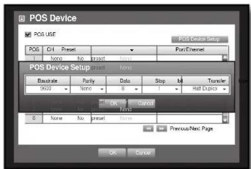 POS Device POS USE POS Device Setup POS C/I Preset Port/Ethernet 1 None No 013257 None POS Device Setup Preset None Baudate Parity Data Stop b Transfer 9600 None 8 1 Half Dupix OK Cancel None 8 None No Preset None Previous/Next Page OK Cancel