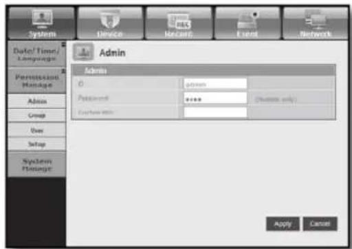System Device Record Event Network Date/ Time/ Language Admin Admin 0 password Password Password Only Address With Apply Cancel