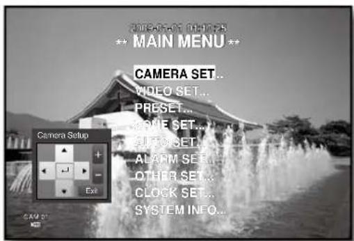 MAIN MENU CAMERA SET... VIDEO SET... PRESET... RADIO SET... AUTO RESET... ALARM SET... OTHER SET... CLOCK SET... SYSTEM INFO...