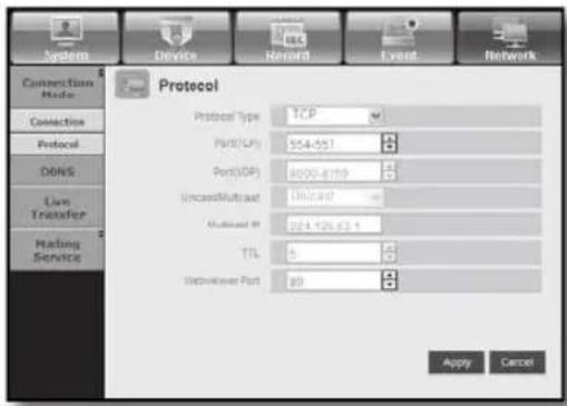 Connection Node Connects Protocol DONS Live Transfer Holding Service Protocol Protocol Type TCP Port/Zip 554-557 Port(VIP) 8000-8199 Unclass/Multicast Unitart Multisector M 224.126.624 TTL 5 Webserver Port 80 Apply Cancel