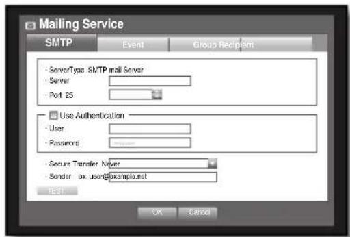 Mailing Service SMTP Event Group Recipient • ServerType: SMTP mail Server • Server • Port 25 Use Authentication • User • Password • Secure Transfer Meyer • Sender: ex notes@example.net Test... OK Cancel