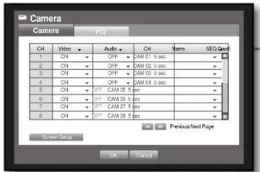 Camera Camera PT2 CH Video Audio CH Name SEO Level 1 CN OFF CAM 01 5 sec 2 CN OFF CAM 02 5 sec 3 CN OFF CAM 03 5 sec 4 CN OFF CAM 04 5 sec 5 CN OFF CAM 05 5 sec 6 CN OFF CAM 06 5 sec 7 CN OFF CAM 07 5 sec 8 CN OFF CAM 08 5 sec Previous/Next Page Screen Setup OK Cancel