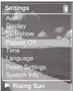 Settings Audio Display Slideshow Repeat Off Time Language Reset Settings System Info Rising Sun