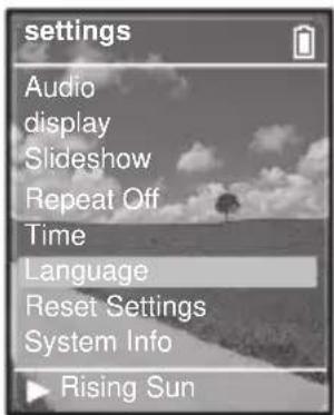 settings Audio display Slideshow Repeat Off Time Language Reset Settings System Info Rising Sun