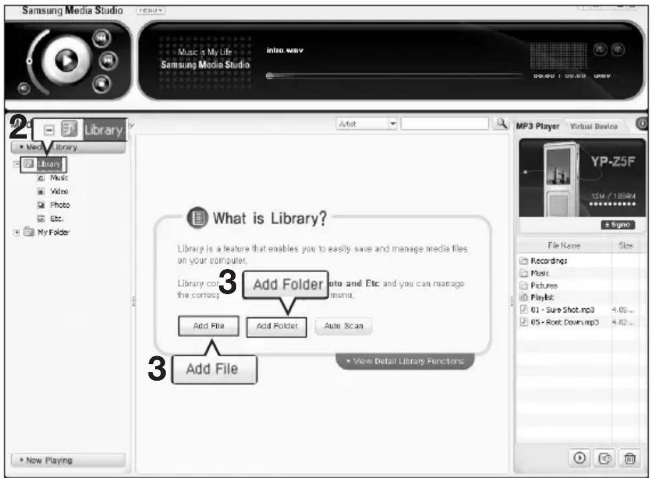 Samsung Media Studio Music a My Life Samsung Media Studio Info way 00:00 100:00 USB Library Media Library Library Music Video Photo Etc. My Folder What is Library? Library is a feature that enables you to easily save and manage media files on your computer, Library contains photo and Etc and you can manage the correct menu. Add File Add Folder Auto Scan Add File • View Detail Library Functions • Now Playing MP3 Player Virtual Device YP-Z5F 12M / 188PM + Sync File Name Size Recordings Music Pictures Playlist: 01 - Sure Shot.mp3 4.05... 05 - Root Down.mp3 4.62... • Sync