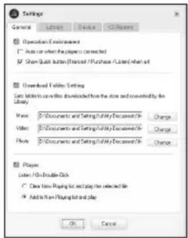 Settings General Library Device CD(Paper) Operation Environment Auto run when the players to connected Share Quick button (Threatset / Purchase / Listen) when all Downloaded Fieldset Setting Sets include to convert files downloaded from the close and converted by the Library Movie: D:\Documents and Setting/\My Documents/\th Change Video: D:\Documents and Setting/\My Documents/\th Change Photo: D:\Documents and Setting/\My Documents/\th Change Players Listen / On Double Click Clear Menu Playing list and play the selected file Add to Now Playing list and play OK Cancel
