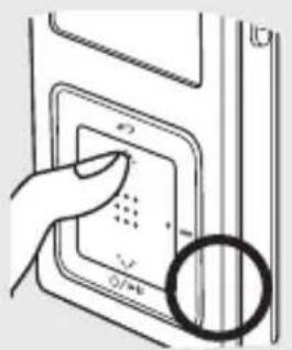 Diagram showing a hand pressing a button with symbols and a magnified view of the button labeled '0/4'