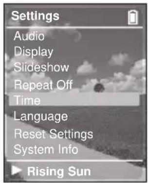 Settings Audio Display Slideshow Repeat Off Time Language Reset Settings System Info Rising Sun