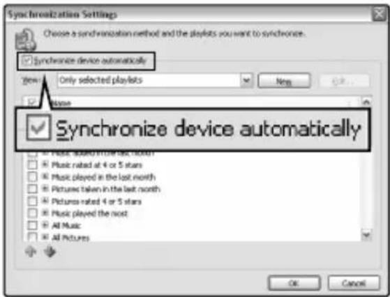 Synchronization Settings Choose a synchronization method and the playlists you want to synchronize. Synchronize device automatically View Only selected playlists New Name Synchronize device automatically Music rated at 4 or 5 stars Music played in the last month Pictures taken in the last month Pictures rated 4 or 5 stars Music played the most All Music All Pictures OK Cancel