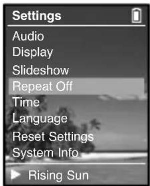 Settings Audio Display Slideshow Repeat Off Time Language Reset Settings System Info Rising Sun
