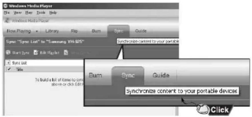 Windows Media Player New Playing Library Rip Bum Sync Guide Sync "Sync List" to "Samsung YH-825" Start Sync Edit Playlist Sync List Title To build a list of items to syno above or click Edit F Synchronize content to your portable devices Bum Sync Guide Synchronize content to your portable devices Click
