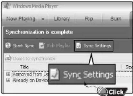Windows Media Player Now Playing Library Rip Burn Synchronization is complete Start Sync Edit Playlist Sync Settings Items to synchronize Title Removed from De Already on Devio Sync Settings Size Click