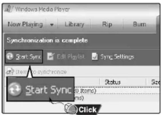 Windows Media Player Now Playing Library Rip Burn Synchronization is complete Start Sync Edit Playlist Sync Settings Item to synchronize Status Size Start Sync (0 Items) (0 Items) Click