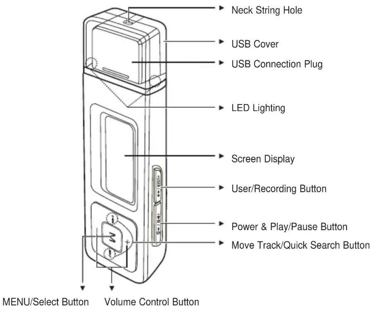 Neck String Hole USB Cover USB Connection Plug LED Lighting Screen Display User/Recording Button Power & Play/Pause Button Move Track/Quick Search Button MENU/Select Button Volume Control Button