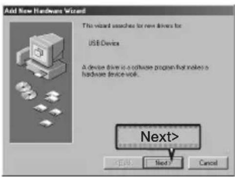 Add New Hardware Wizard This wizard searches for new drivers for USB Device A device drive is a software program that makes a hardware device void. Next> <帮助 Next> Cancel
