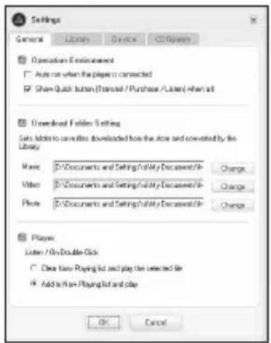 Settings General Library Device CC Packets □ Optimization Environment □ Auto not when the player is connected □ Share Quick button (Transit / Purchase / List) when all □ Downloaded Folder Settings Sets added to convert files downloaded from the door and converted by the Library Move D:/Documents and Setting/altMy Documents/ill Change Video D:/Documents and Setting/altMy Documents/ill Change Photo D:/Documents and Setting/altMy Documents/ill Change Player Listen / On Double Click ○ Clear how Playing list and play the selected file ● Add to if an Playing list and play OK Cancel