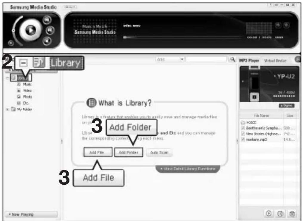 Samsung Media Studio Music a My Life info. news Samsung Media Studio 03:00 / 03:02 Library Add File What is Library? Add Folder Add File Add Folder Auto Scan Add File New Playing MP3 Player Virtual Device YP-U2 TM / 40001 File Name Size VOICE Beethoven's Syntho... 998... New Stories Hughes... PDS... murkung.mp3 14.6... Add File + New Playing