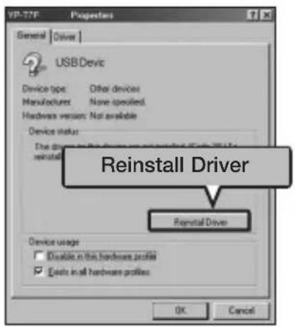 USB Device Device type: Other devices Manufacturer: None specified. Hardware version: Not available Device status: The drive is not available (which is reinstalled) Reinstall Driver Reinstall Driver Device usage Disable in this hardware profile Use in all hardware profiles OK Cancel